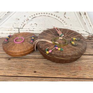 Antique lot 2 Woven Chinese Sewing Baskets Glass Beads Rings Coins